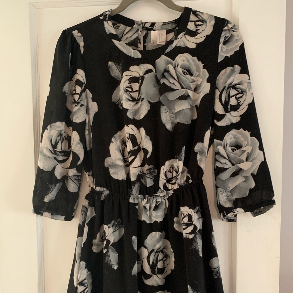Black silky rose print mini dress
